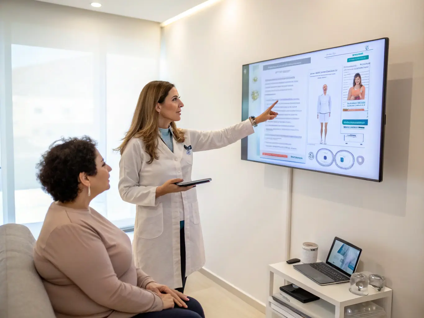 A doctor is monitoring a patient's progress during a weight loss program, using advanced medical equipment in a clinical setting.
