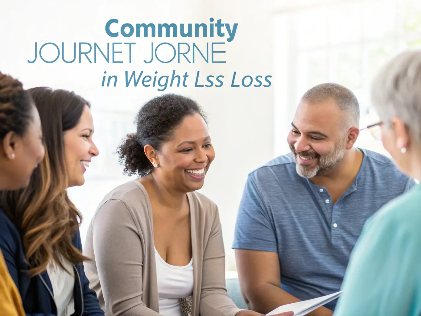 A diverse group of people are participating in a group support session, sharing their experiences and encouraging each other on their weight loss journeys.