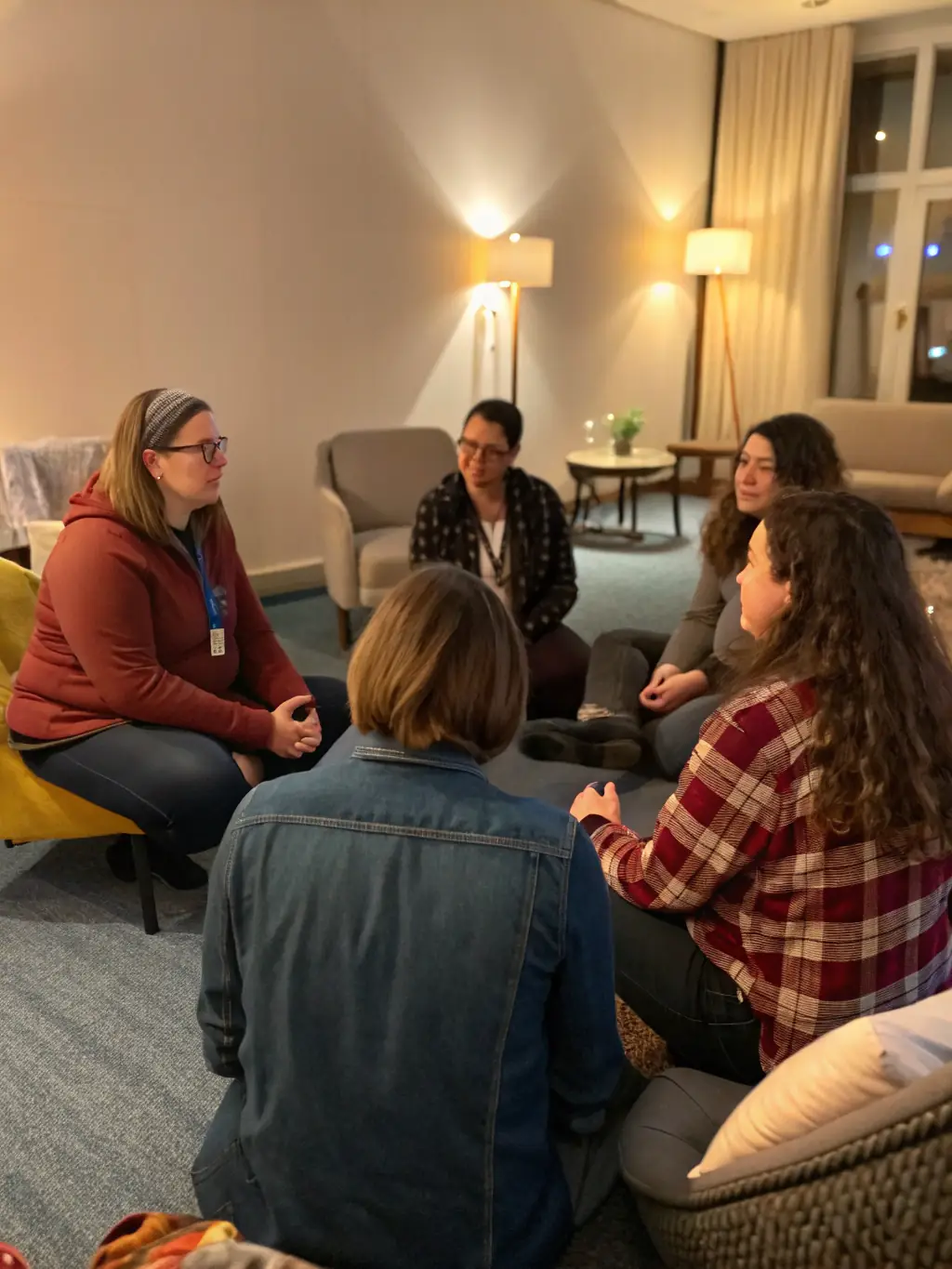 A support group meeting with participants sharing their experiences and encouraging each other, highlighting the community aspect of the program.