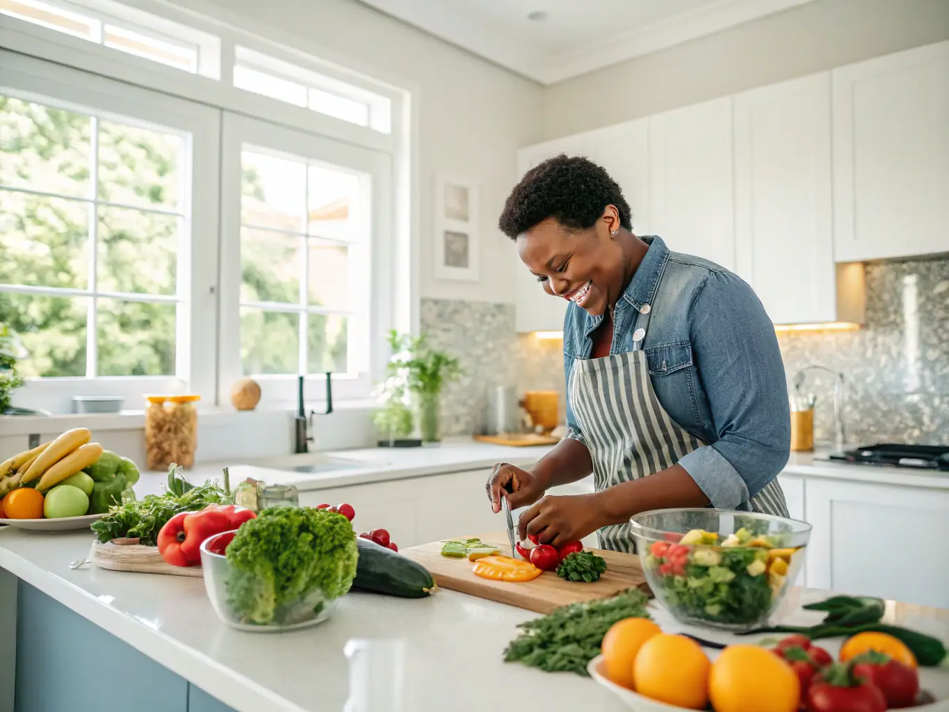A person smiling confidently after completing a weight loss program, showcasing a healthy lifestyle with balanced meals and exercise.